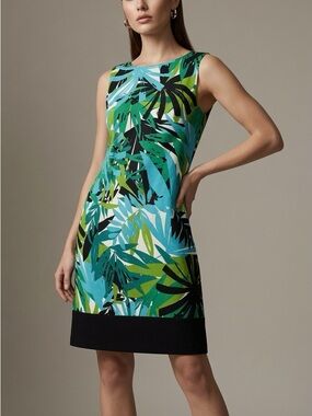 Dressbarn Sleeveless Tropical Leaf Print Shift Dress Aqua & Lime rio jungle 6
